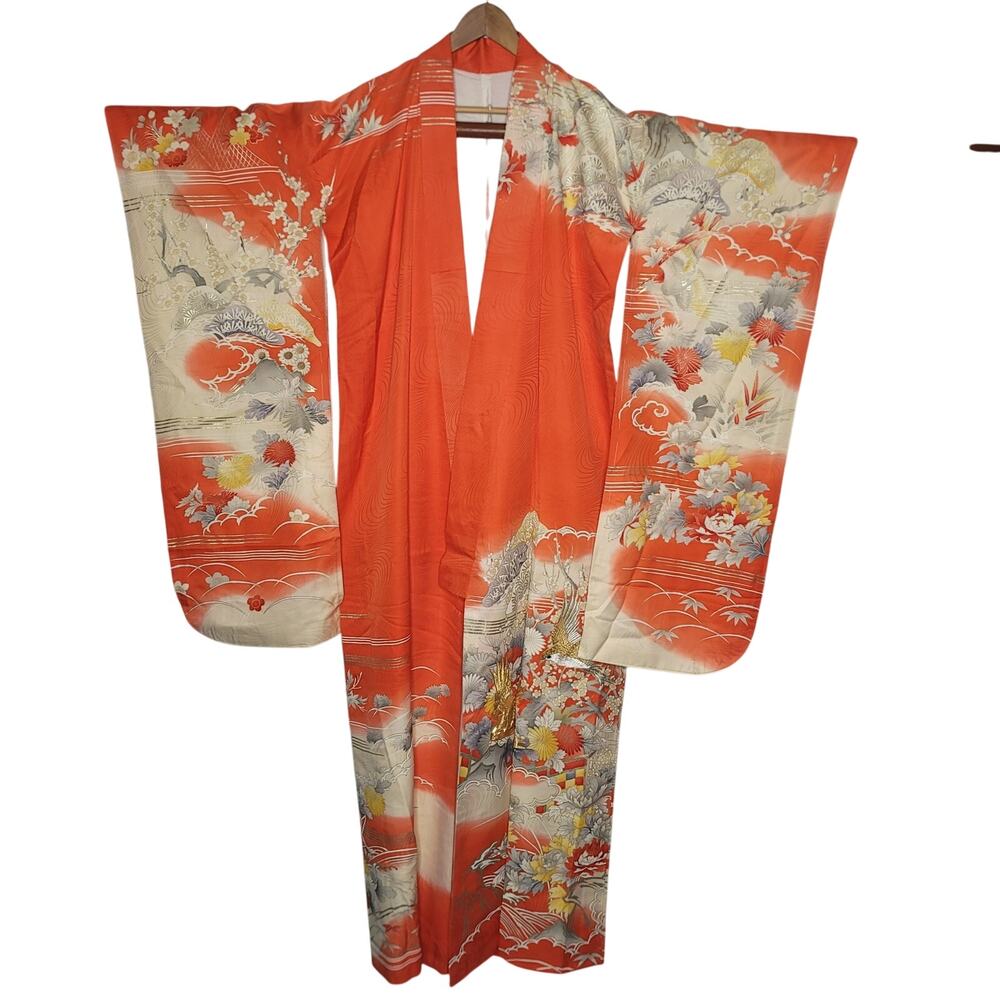 Vintage Silk Furisode (long sleeve) Kimono Robe Orange Gold Silver Embroidery